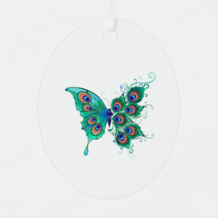Butterfly with Green Peacock Feathers Metal Tree Decoration