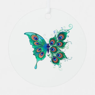 Butterfly with Green Peacock Feathers Metal Tree Decoration