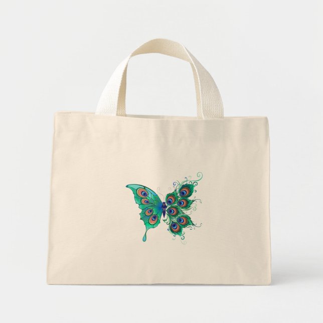 Butterfly with Green Peacock Feathers Mini Tote Bag (Front)