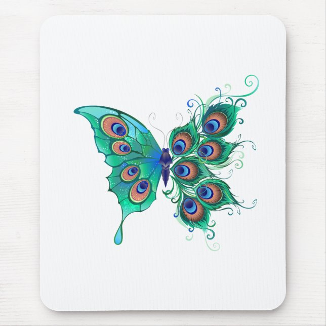 Butterfly with Green Peacock Feathers Mouse Pad (Front)