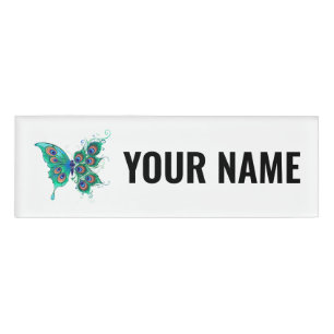 Butterfly with Green Peacock Feathers Name Tag
