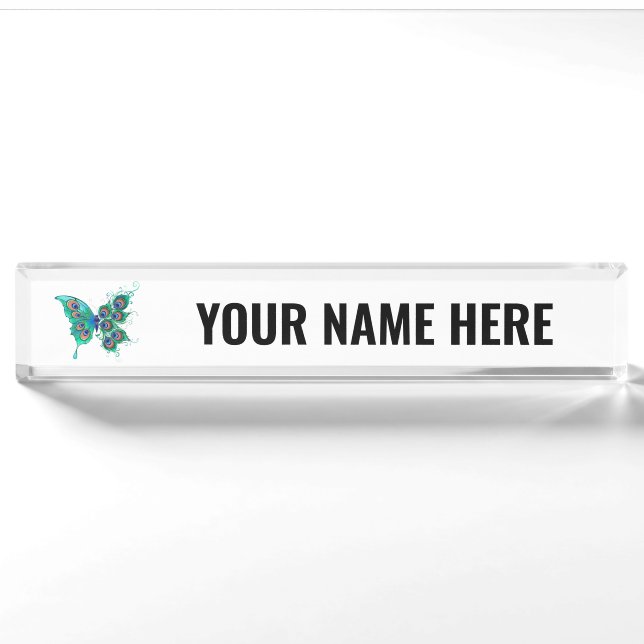 Butterfly with Green Peacock Feathers Nameplate (Front)