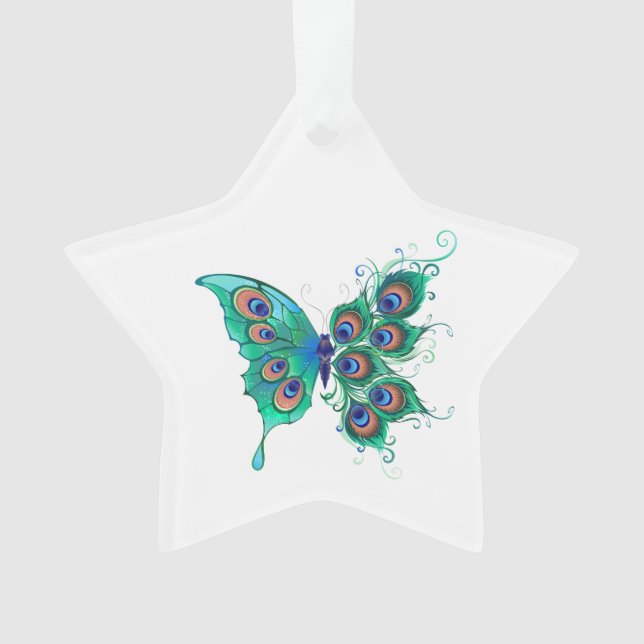 Butterfly with Green Peacock Feathers Ornament (Front)