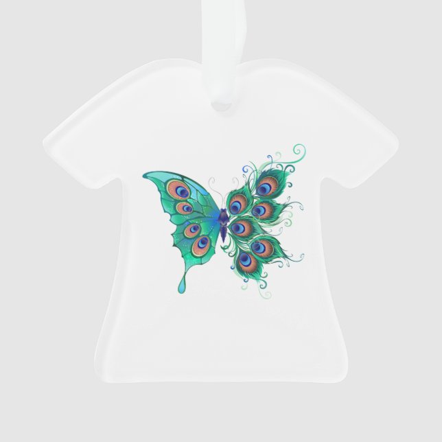Butterfly with Green Peacock Feathers Ornament (Front)