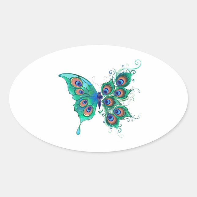Butterfly with Green Peacock Feathers Oval Sticker (Front)