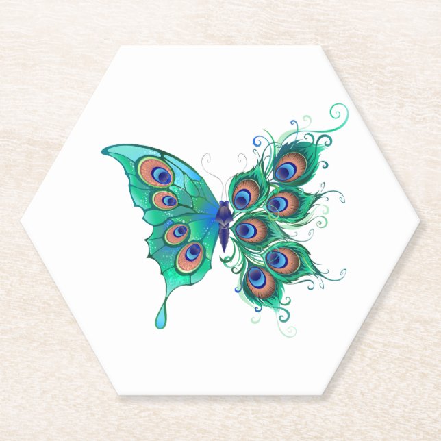 Butterfly with Green Peacock Feathers Paper Coaster (Front)