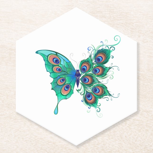 Butterfly with Green Peacock Feathers Paper Coaster (Front)