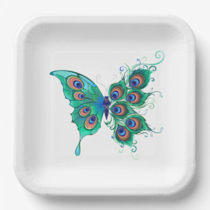 Butterfly with Green Peacock Feathers Paper Plate