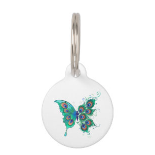 Butterfly with Green Peacock Feathers Pet Tag