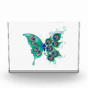 Butterfly with Green Peacock Feathers Photo Block