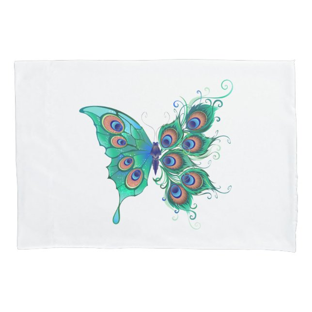 Butterfly with Green Peacock Feathers Pillowcase (Front)