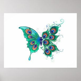 Butterfly with Green Peacock Feathers Poster