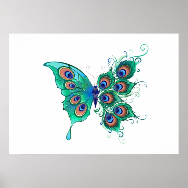 Butterfly with Green Peacock Feathers Poster (Front)
