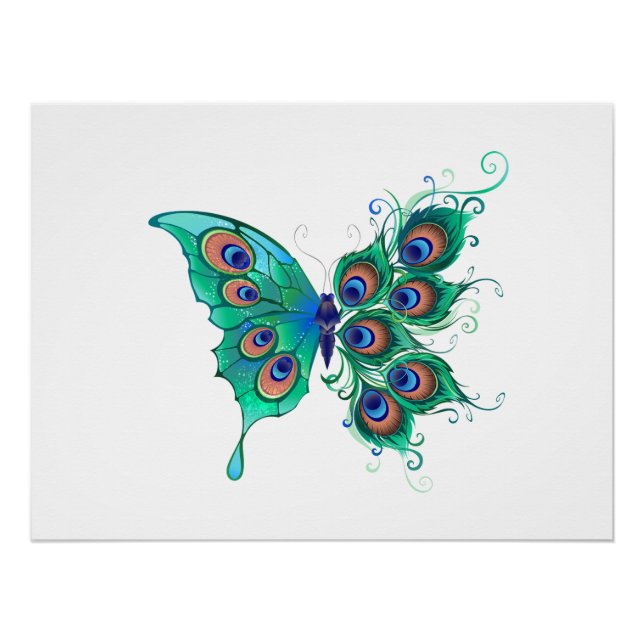 Butterfly with Green Peacock Feathers Poster (Front)