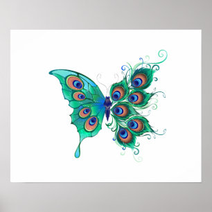 Butterfly with Green Peacock Feathers Poster
