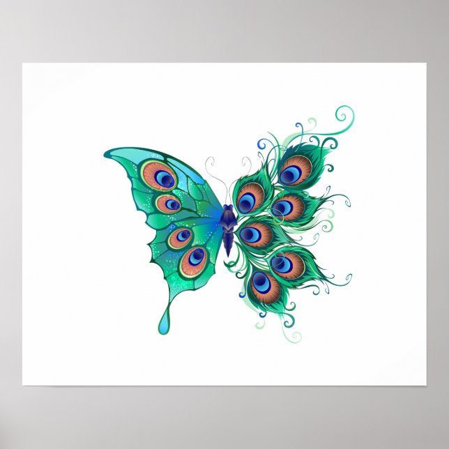 Butterfly with Green Peacock Feathers Poster (Front)