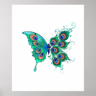 Butterfly with Green Peacock Feathers Poster