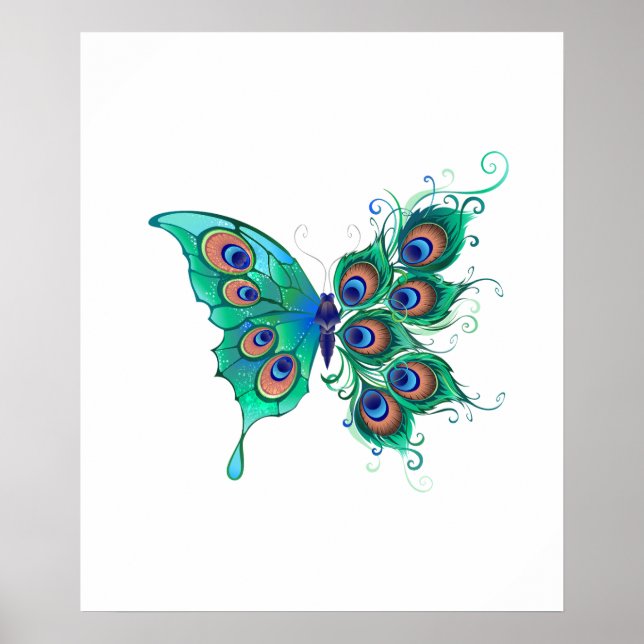 Butterfly with Green Peacock Feathers Poster (Front)