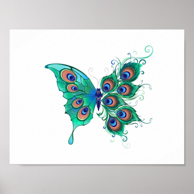 Butterfly with Green Peacock Feathers Poster (Front)