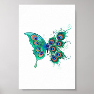 Butterfly with Green Peacock Feathers Poster