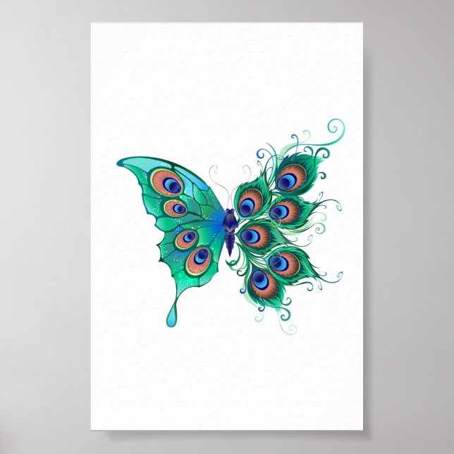 Butterfly with Green Peacock Feathers Poster (Front)