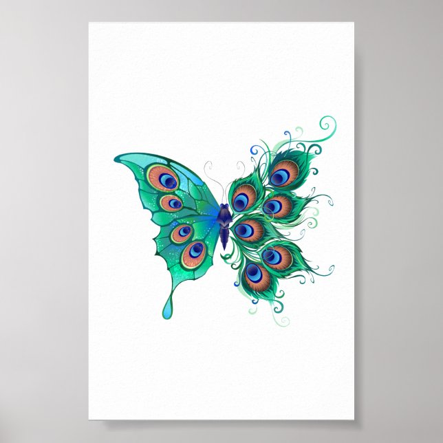 Butterfly with Green Peacock Feathers Poster (Front)