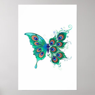Butterfly with Green Peacock Feathers Poster