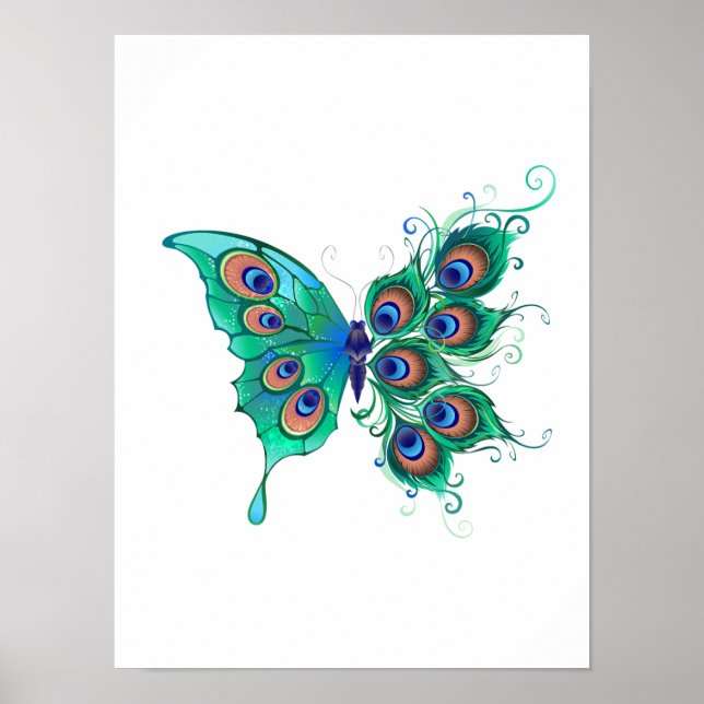 Butterfly with Green Peacock Feathers Poster (Front)