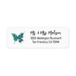 Butterfly with Green Peacock Feathers Return Address Label