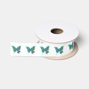 Butterfly with Green Peacock Feathers Satin Ribbon