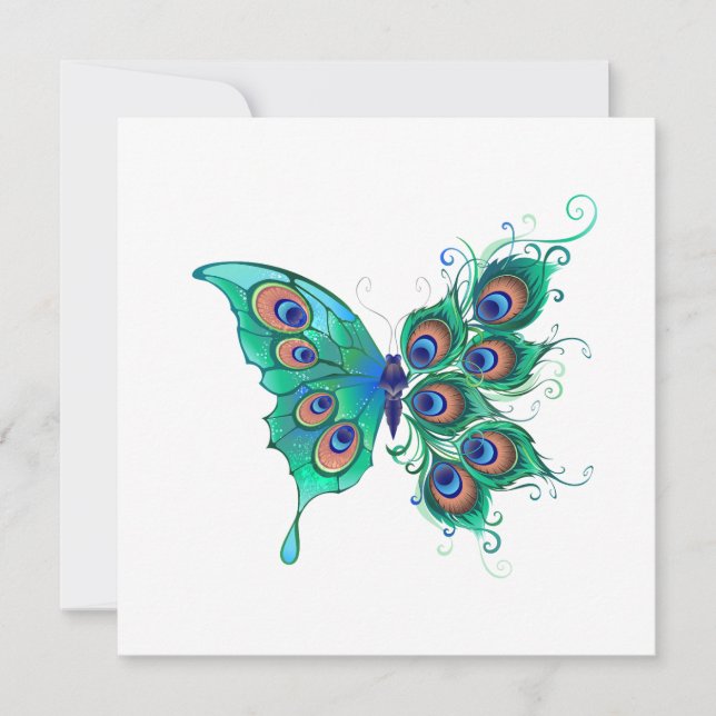 Butterfly with Green Peacock Feathers Save The Date (Front)