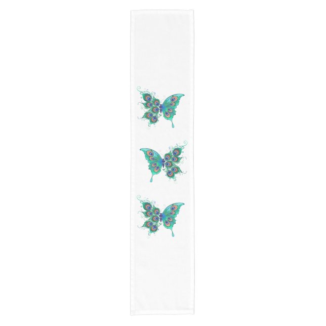 Butterfly with Green Peacock Feathers Short Table Runner (Front)