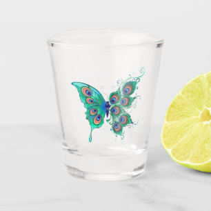 Butterfly with Green Peacock Feathers Shot Glass