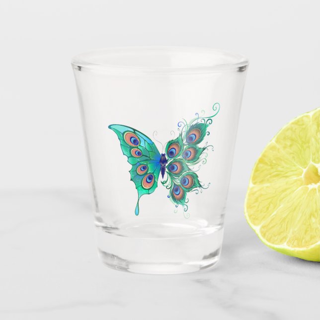 Butterfly with Green Peacock Feathers Shot Glass (Front)