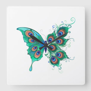 Butterfly with Green Peacock Feathers Square Wall Clock