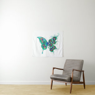 Butterfly with Green Peacock Feathers Tapestry