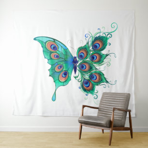 Butterfly with Green Peacock Feathers Tapestry