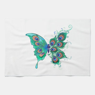 Butterfly with Green Peacock Feathers Tea Towel