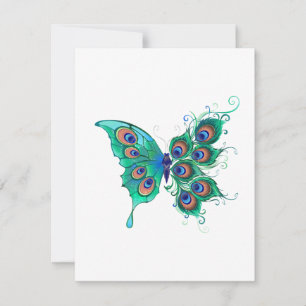Butterfly with Green Peacock Feathers Thank You Card