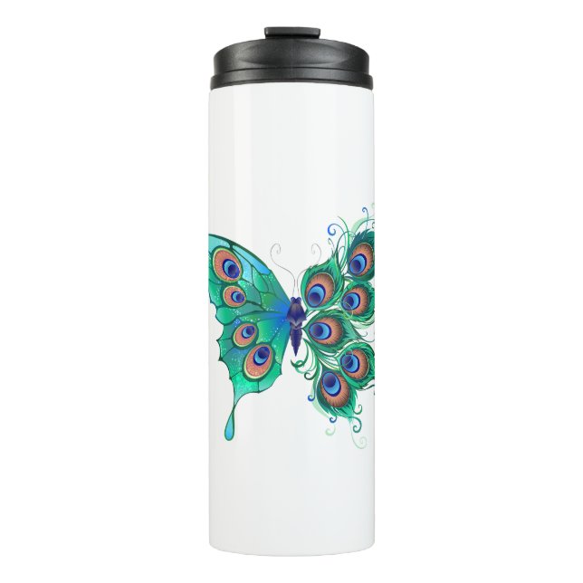 Butterfly with Green Peacock Feathers Thermal Tumbler (Front)