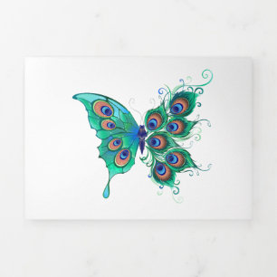 Butterfly with Green Peacock Feathers Tri-Fold Card