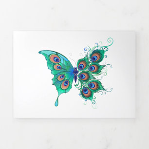 Butterfly with Green Peacock Feathers Tri-Fold Card