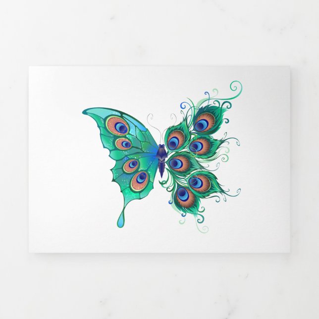 Butterfly with Green Peacock Feathers Tri-Fold Card (Cover)