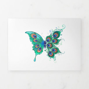 Butterfly with Green Peacock Feathers Tri-Fold Programme