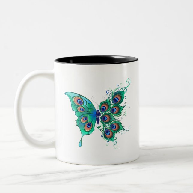 Butterfly with Green Peacock Feathers Two-Tone Coffee Mug (Left)