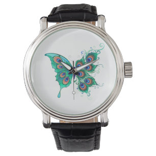 Butterfly with Green Peacock Feathers Watch