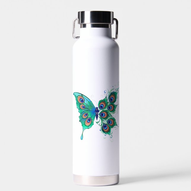 Butterfly with Green Peacock Feathers Water Bottle (Front)