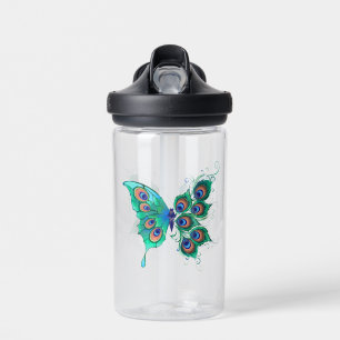 Butterfly with Green Peacock Feathers Water Bottle