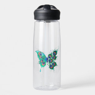 Butterfly with Green Peacock Feathers Water Bottle