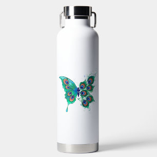 Butterfly with Green Peacock Feathers Water Bottle